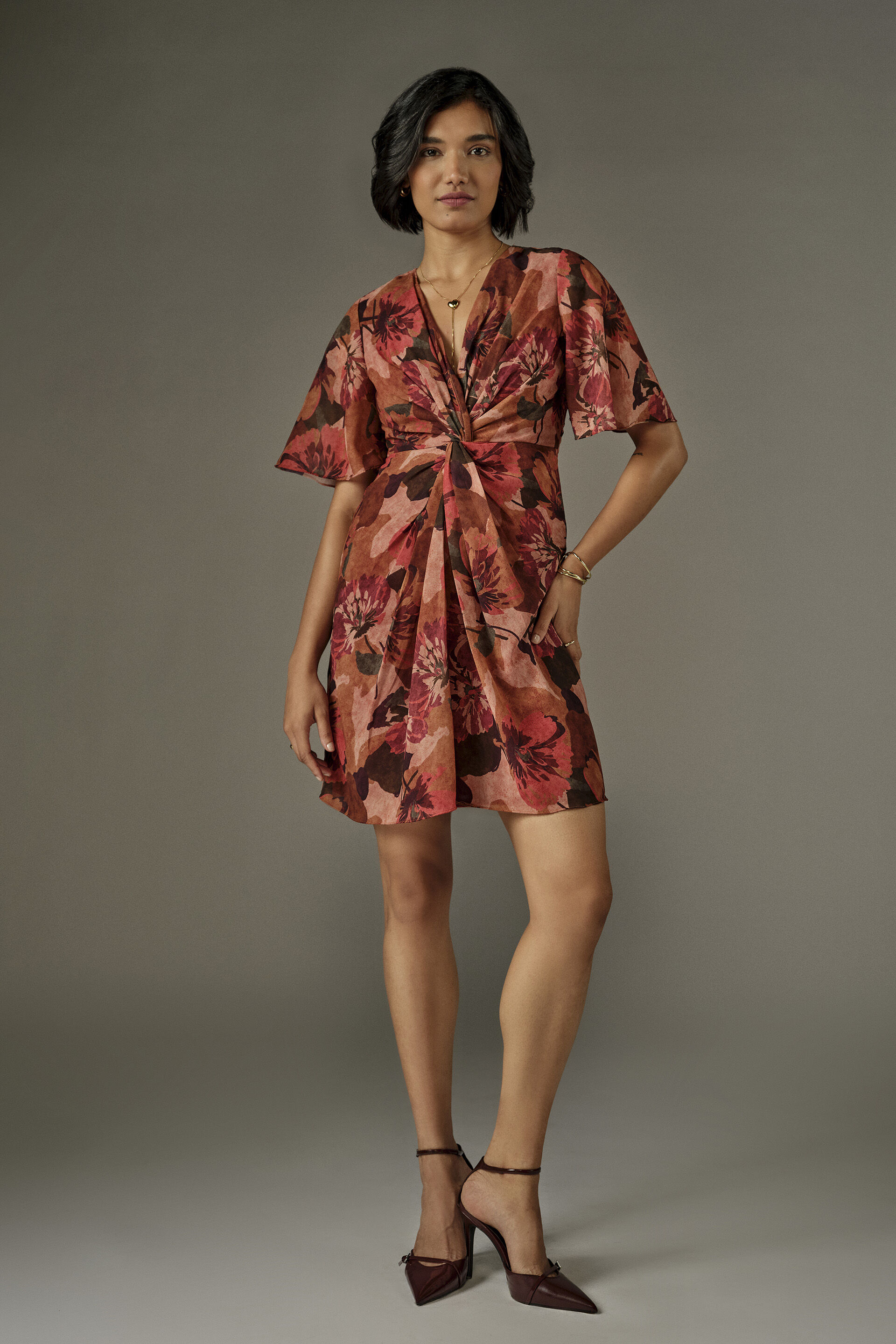 Twist Detail Floral Mini Dress in Orange, Orange, image 2